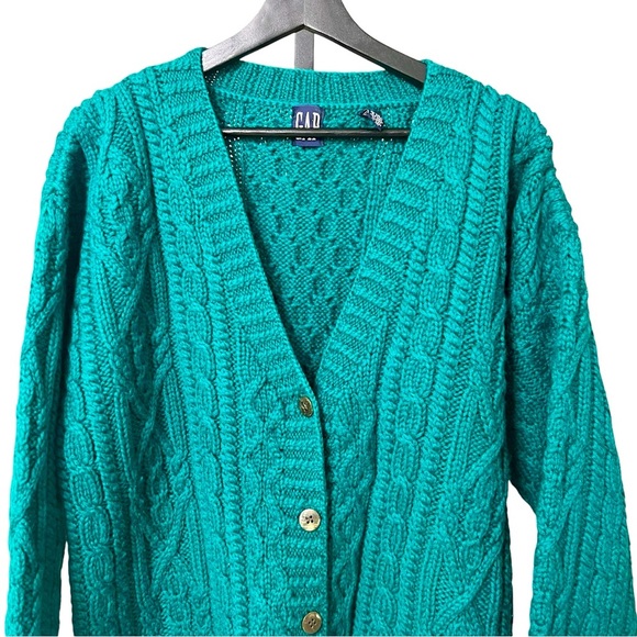 VTG Gap Wool Cable Knit Cardigan Emerald Green Small Hand Knit Cozy Grandpa - Picture 2 of 6